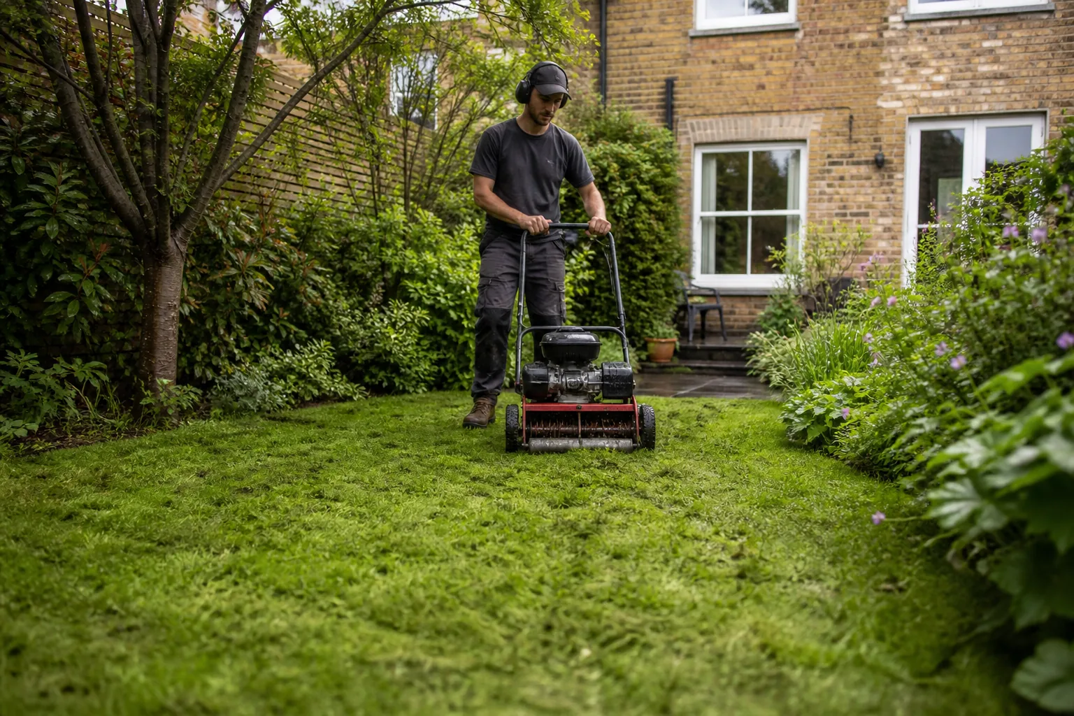 Gardener scarifying a lawn in a London garden